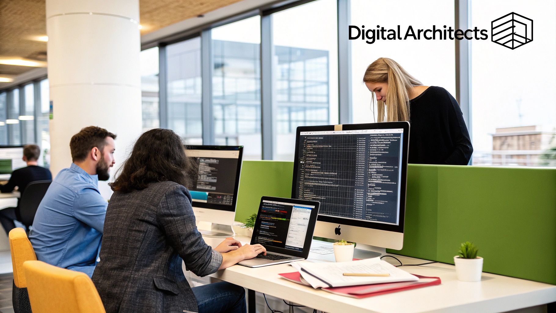 A team of developers collaborating on a software project