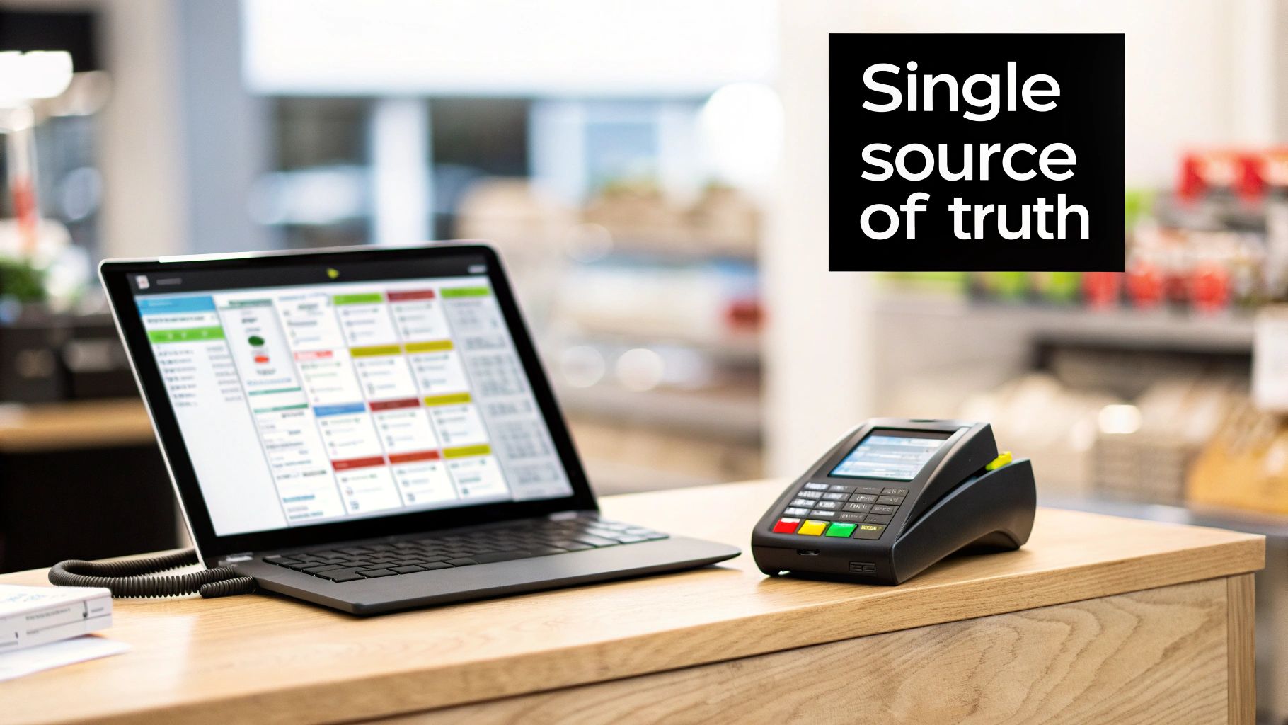 A laptop displaying business management software and a POS terminal on a counter, promoting "Single source of truth".