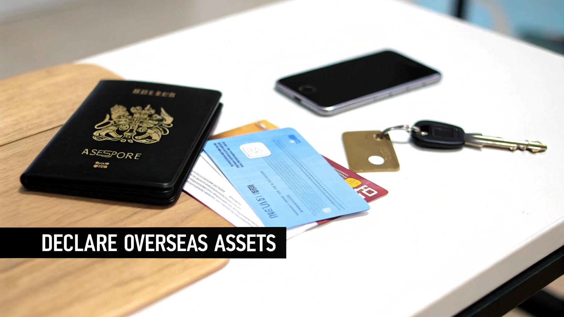 A black passport, credit cards, smartphone, and keys on a table, illustrating declaring overseas assets.