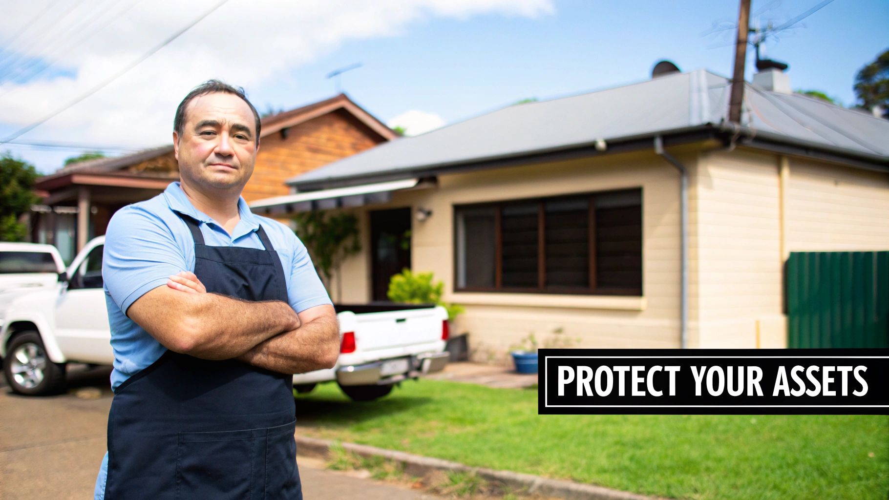 A man in an apron stands with crossed arms in front of a house, with a 'Protect Your Assets' overlay.