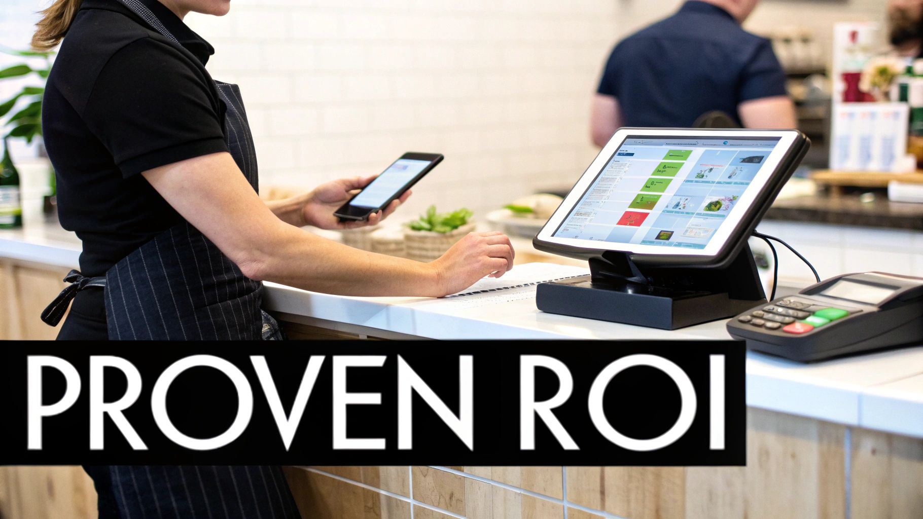 Restaurant employee using point of sale system with touchscreen display and payment terminal at counter