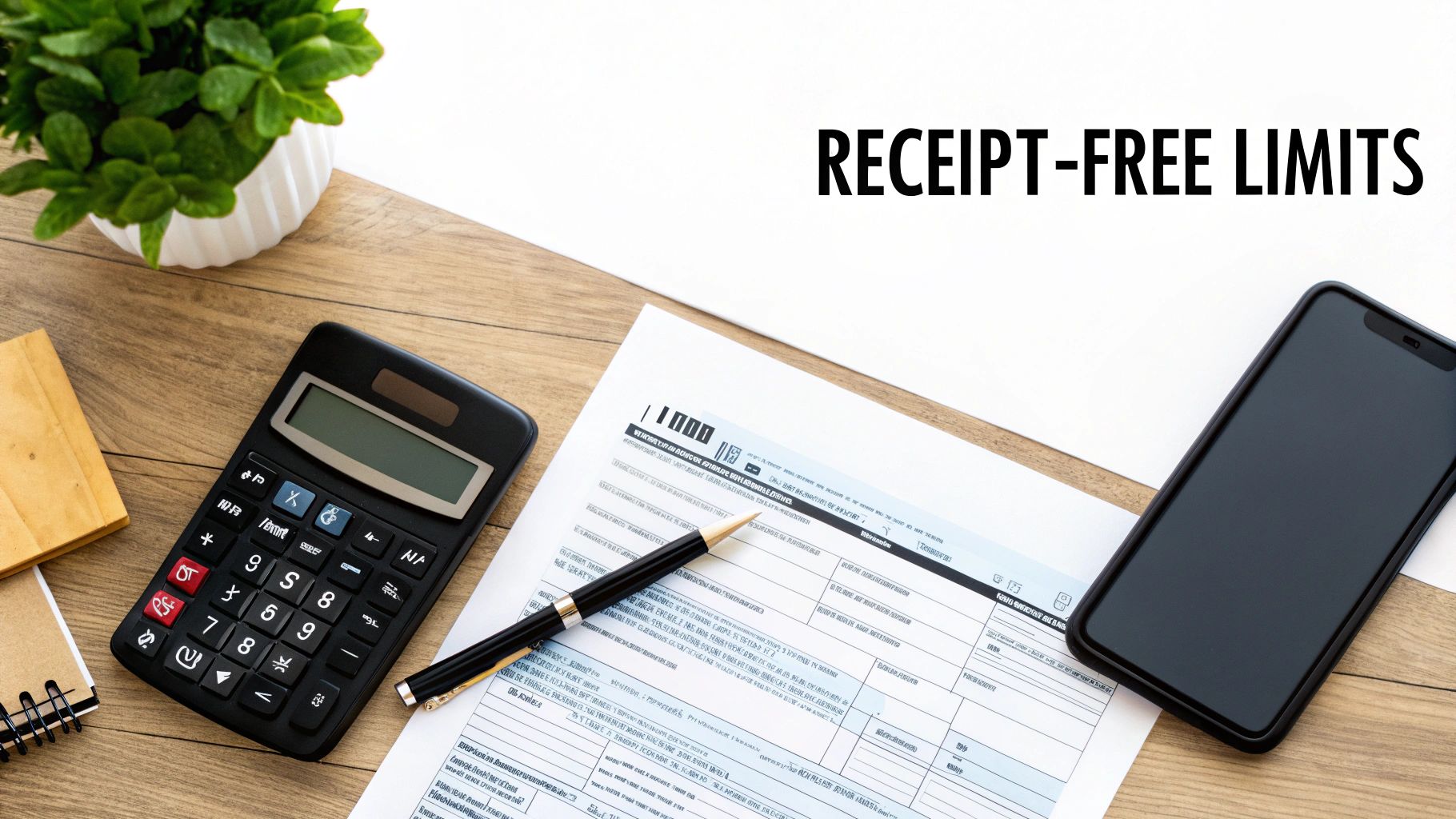A desk setup with a calculator, pen, smartphone, financial document, and 'RECEIPT-FREE LIMITS' text.
