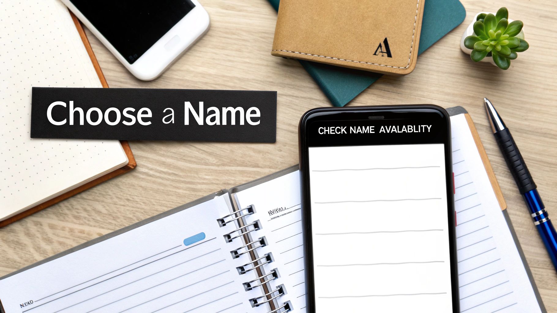 A desk flat lay with notebooks, a phone displaying 'CHECK NAME AVALABLITY', and a sign saying 'Choose a Name'.