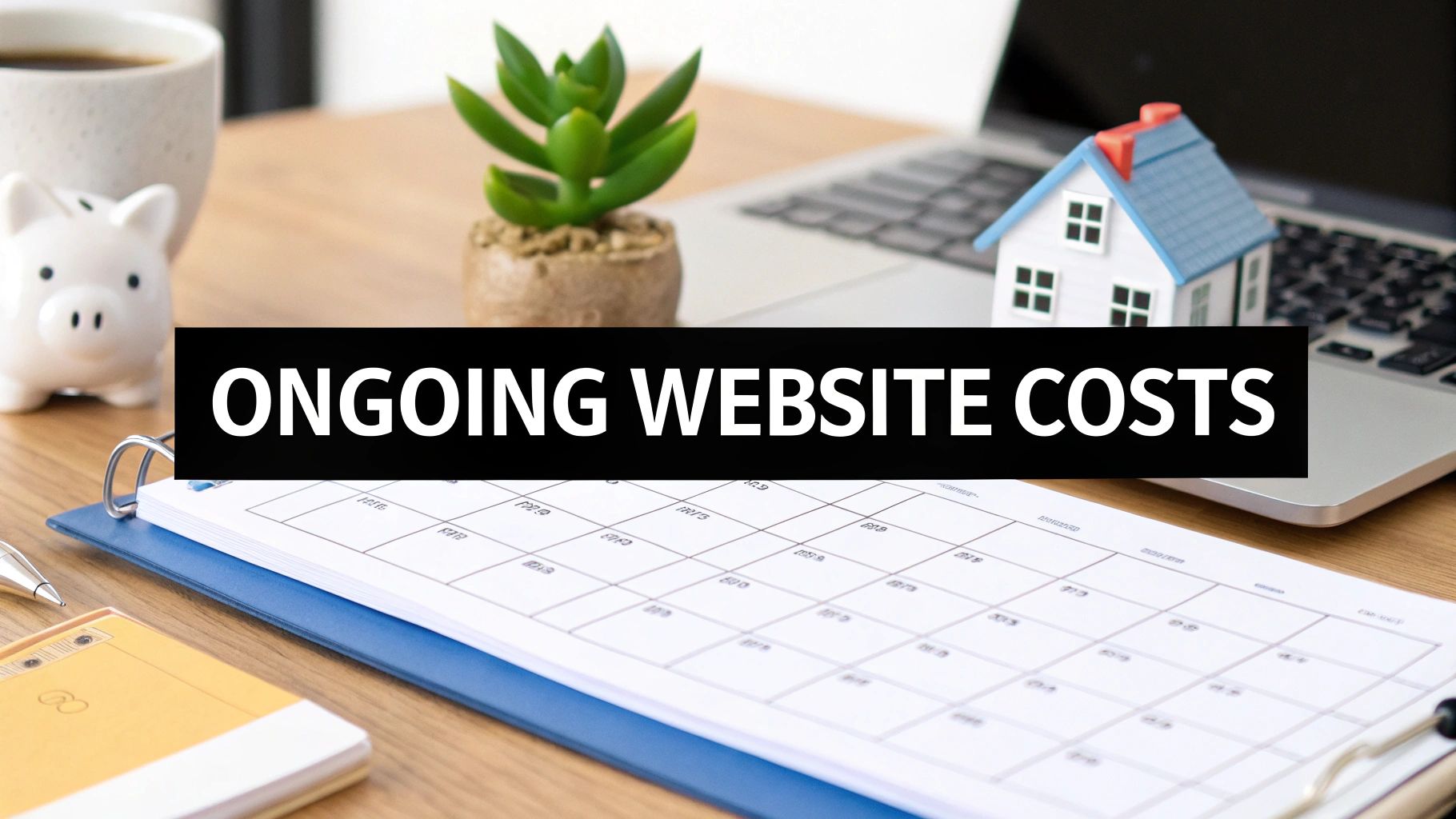 A desk with a laptop, house model, piggy bank, and a calendar, featuring text 'ONGOING WEBSITE COSTS'.