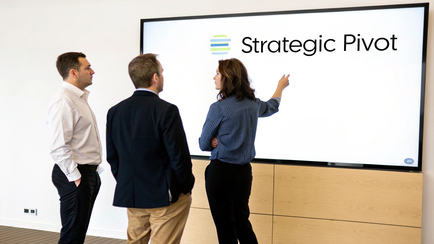 Three business professionals in a meeting, a woman points at a screen displaying "Strategic Pivot" and a logo.