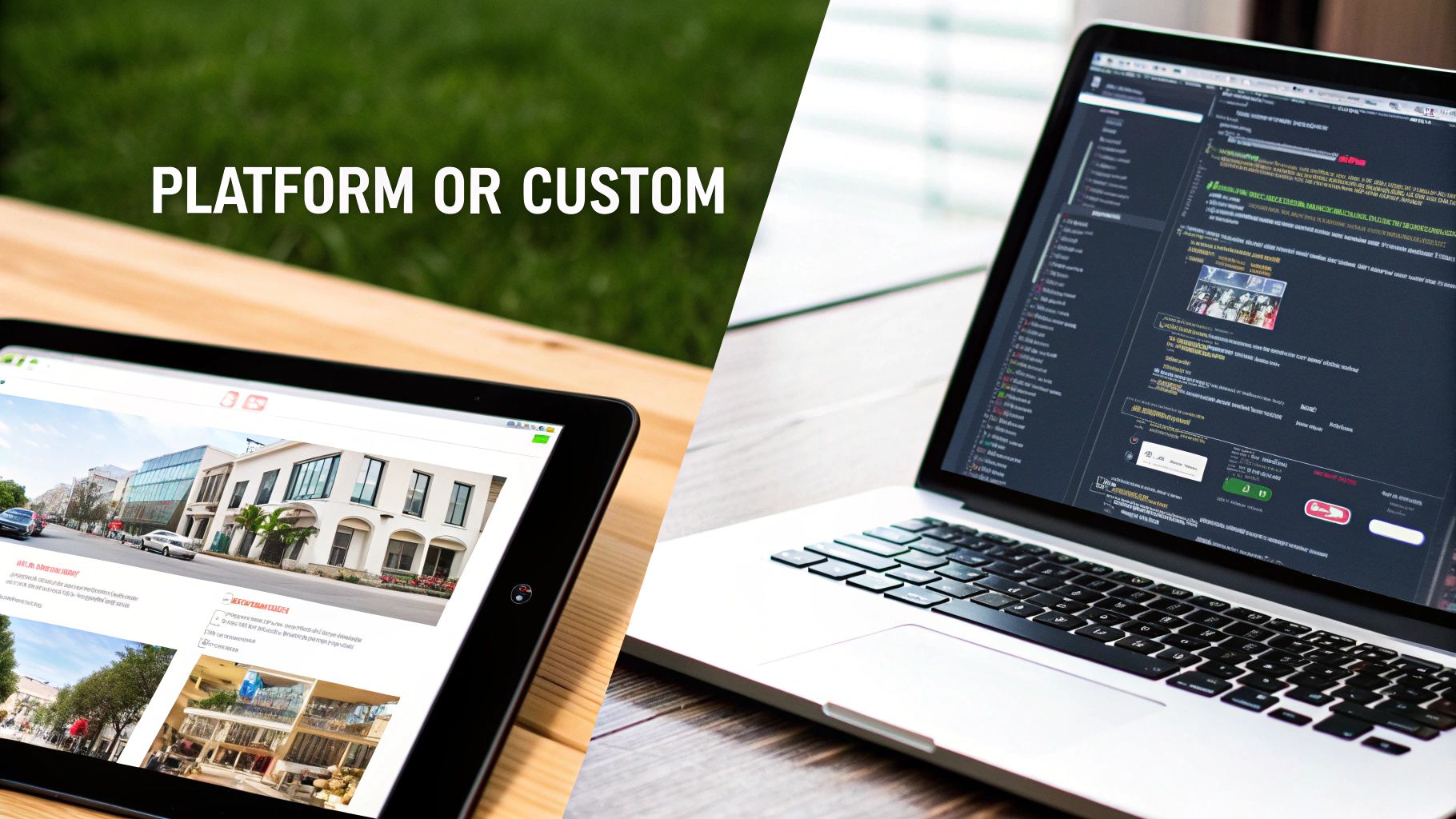 Tablet displaying a webpage and a laptop showing code, with text 'PLATFORM OR CUSTOM' on a split background.
