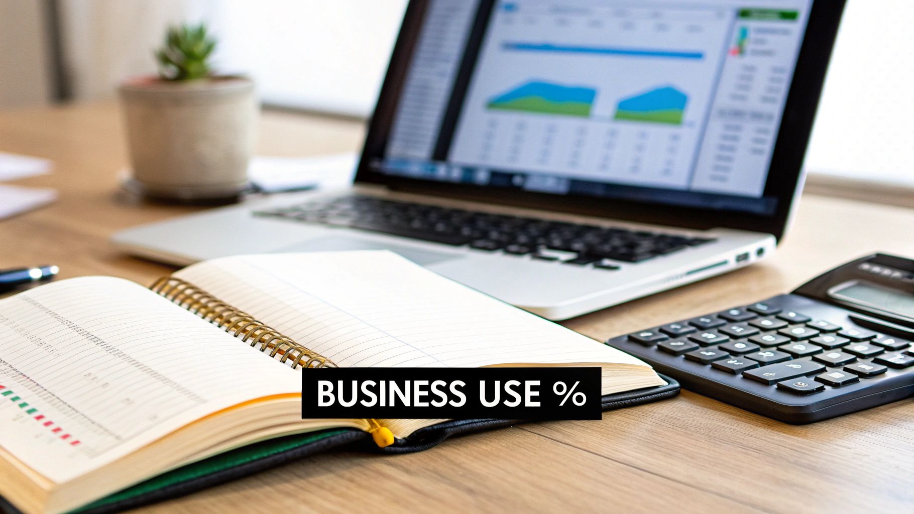 A laptop displaying financial graphs, an open notebook, and a calculator on a wooden desk.