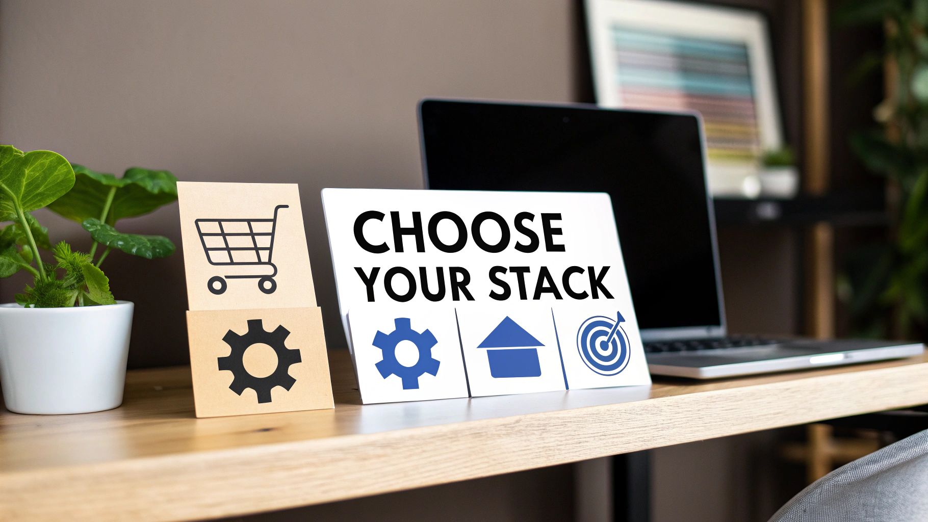 Signs on a desk say 'CHOOSE YOUR STACK' with shopping cart, gear, house, and target icons.
