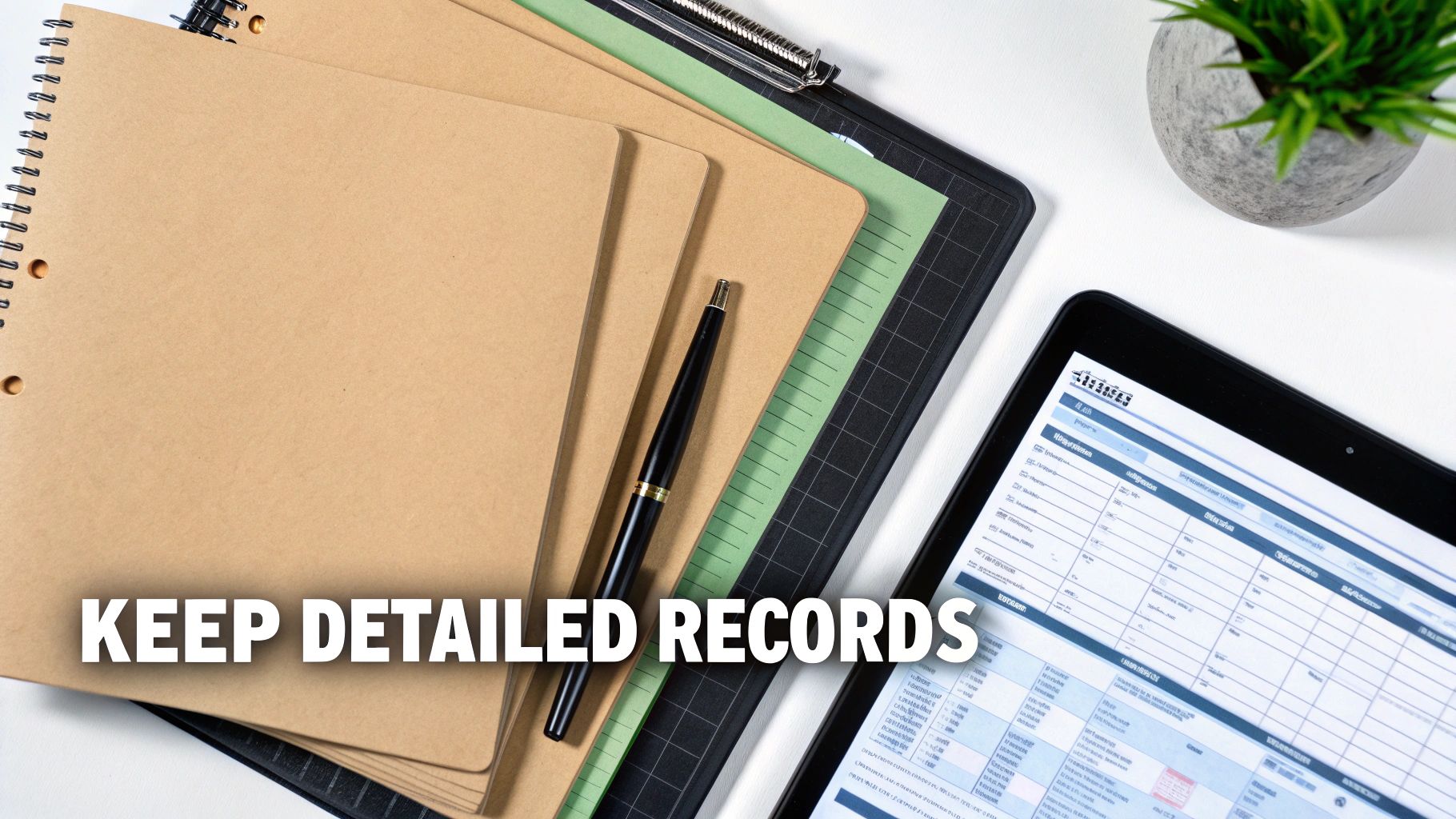 Overhead view of office supplies, including notebooks, a pen, and a tablet with data, emphasizing record keeping.