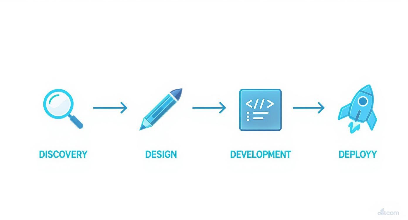 A four-stage process diagram illustrating app development: Discovery, Design, Development, and Deploy, shown with icons.