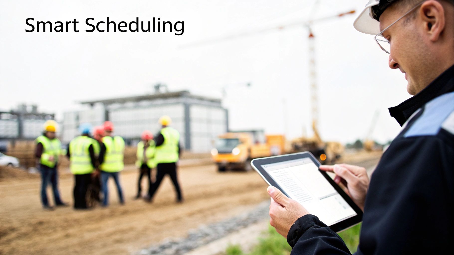 A construction manager in a hard hat uses a tablet for smart scheduling on a construction site.