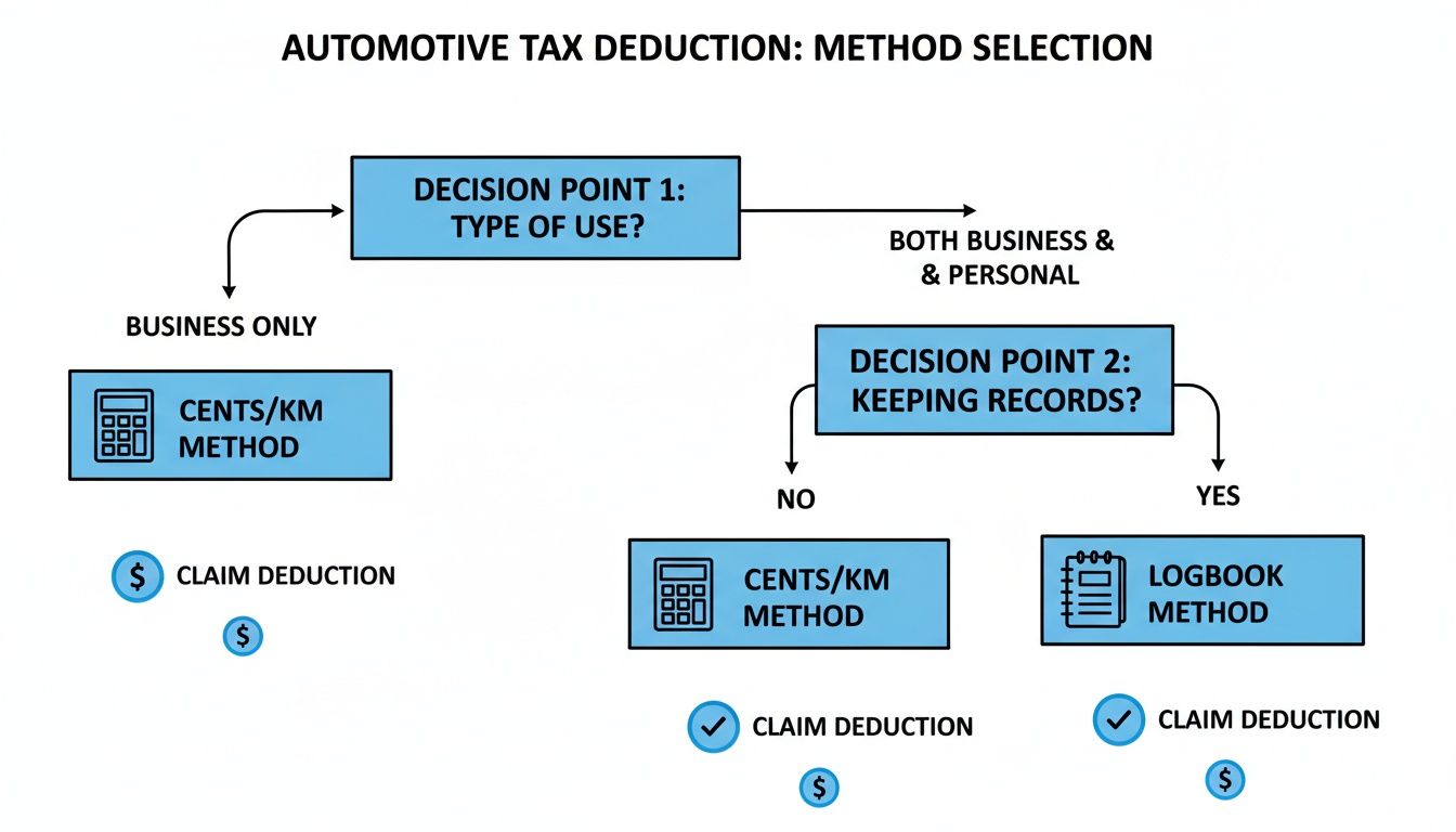 Flowchart explaining how to select the best automotive tax deduction method based on vehicle use and record keeping.