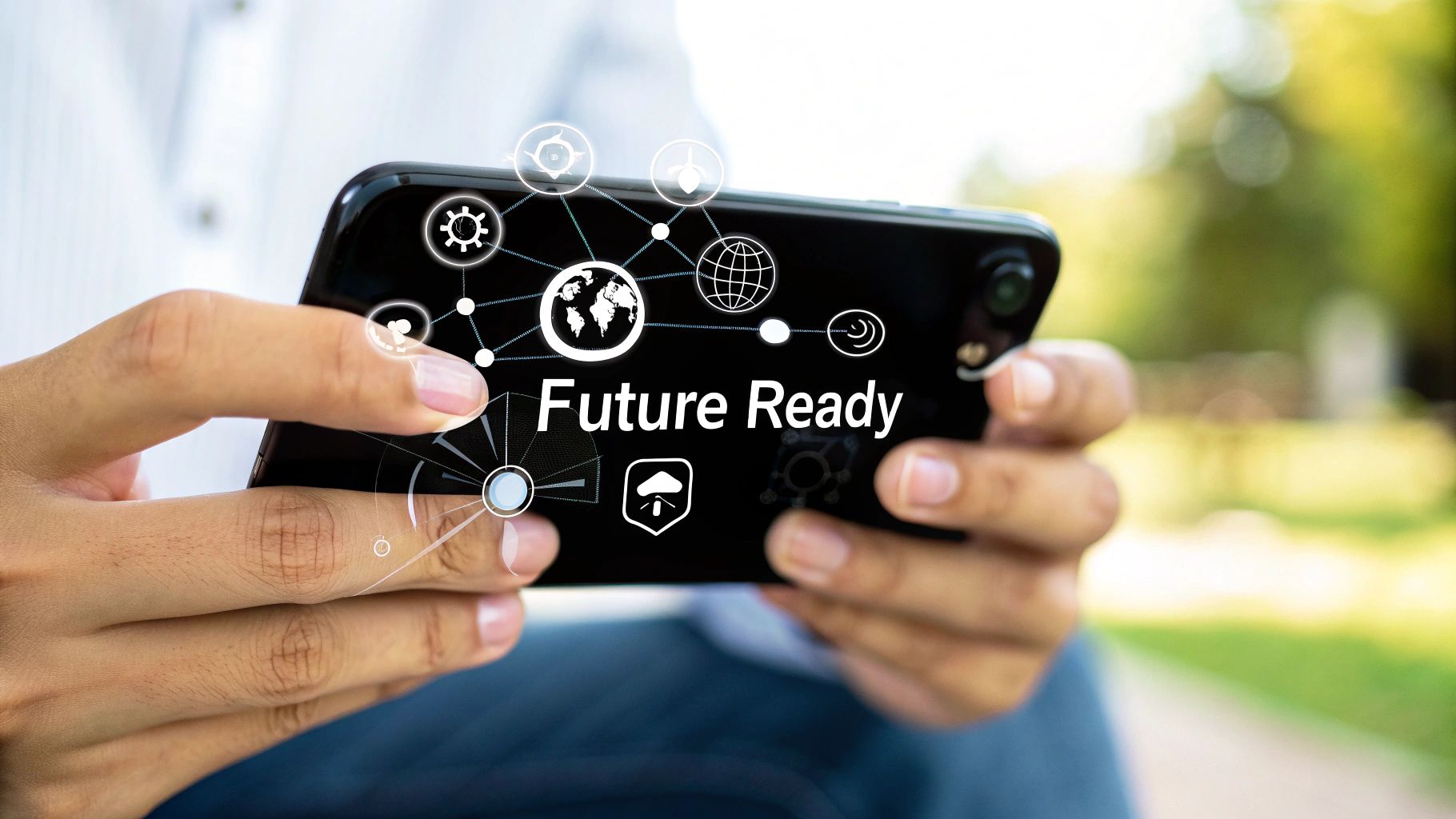 Person holding smartphone with future ready technology icons and global connectivity network overlay