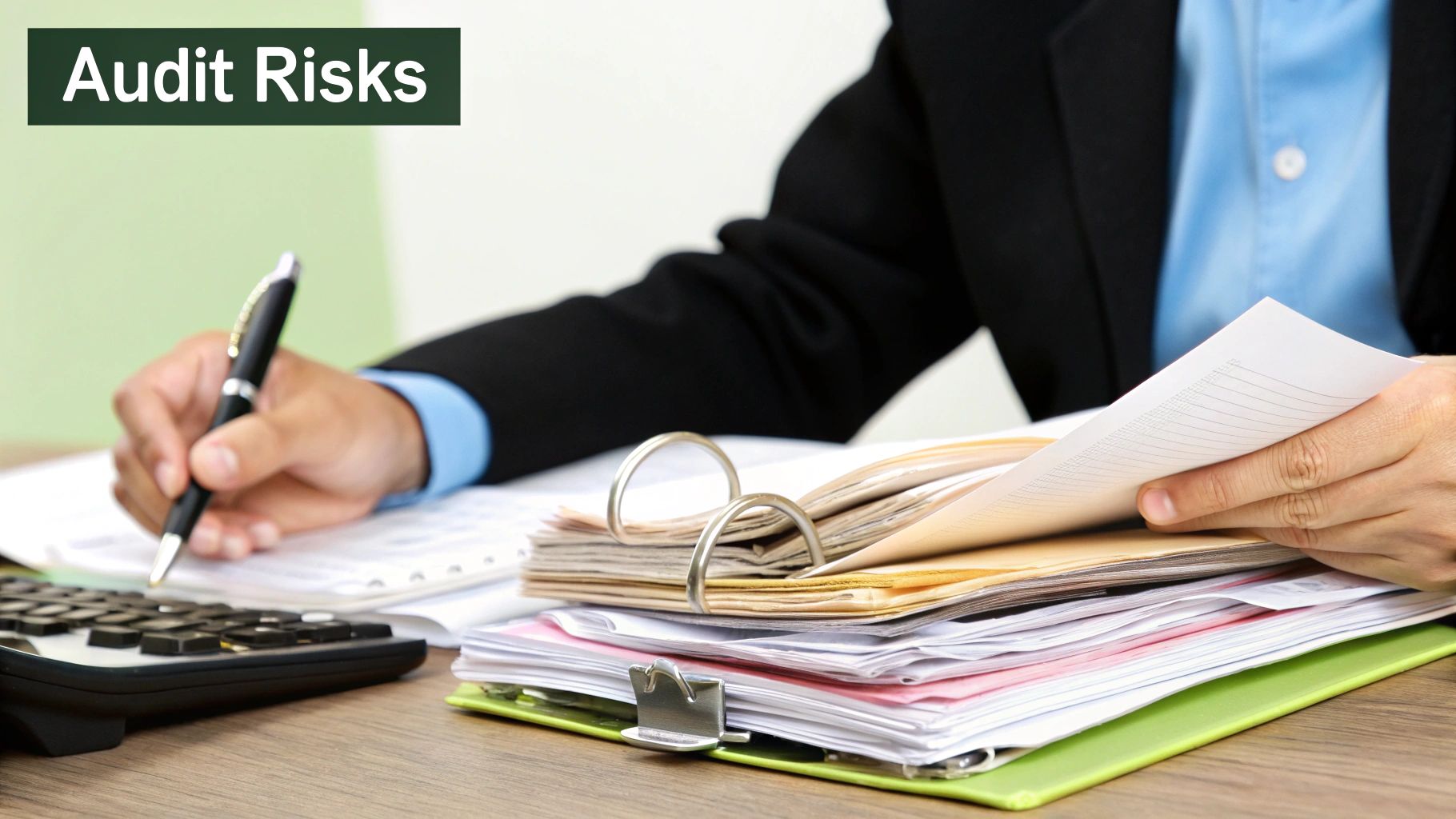A person looking concerned while reviewing financial documents and a laptop, suggesting the stress of an audit.