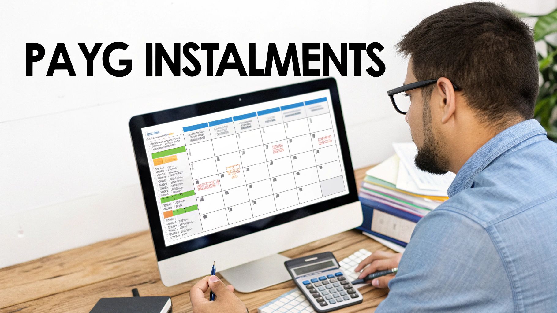 A person in glasses looking at a computer screen displaying a financial calendar with 'PAYG INSTALMENTS' text.