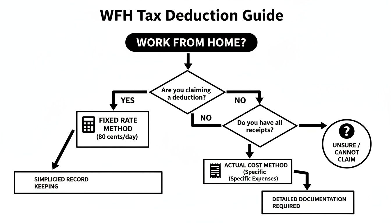 A flowchart guide for WFH tax deductions, showing fixed rate or actual cost methods.
