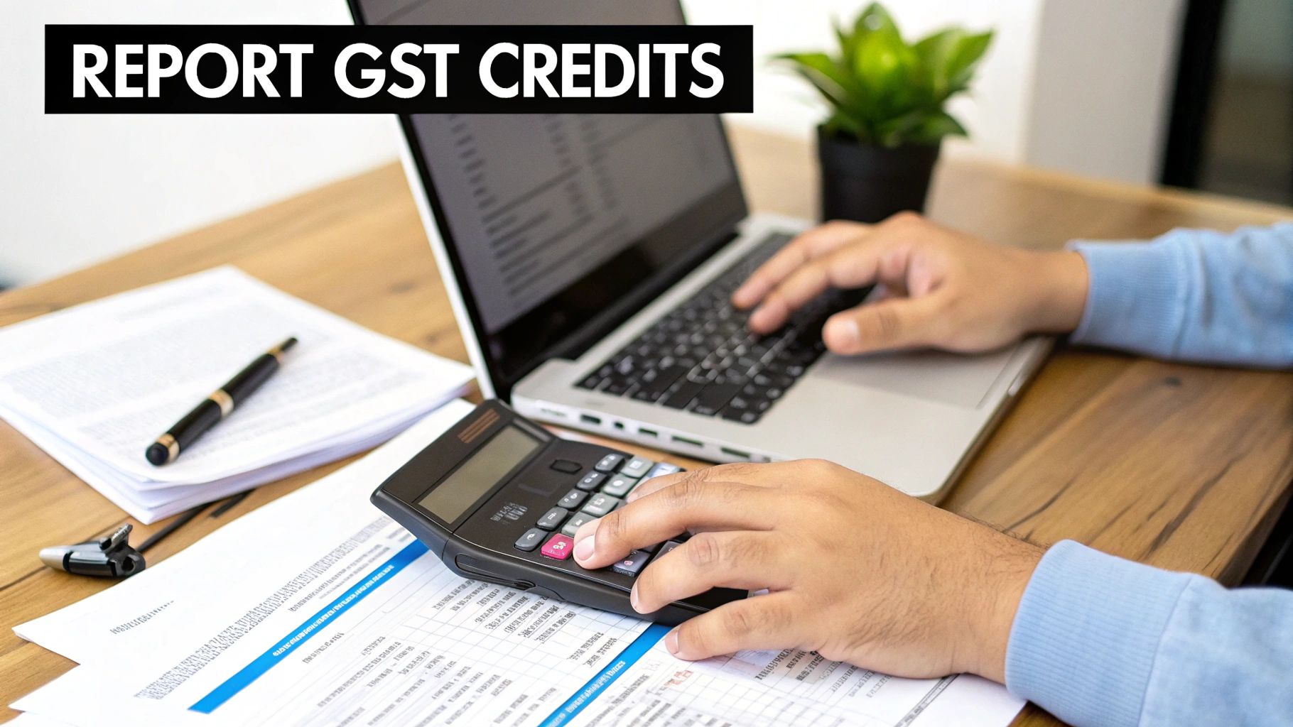 A person's hands report GST credits using a laptop, calculator, and financial documents on a desk.