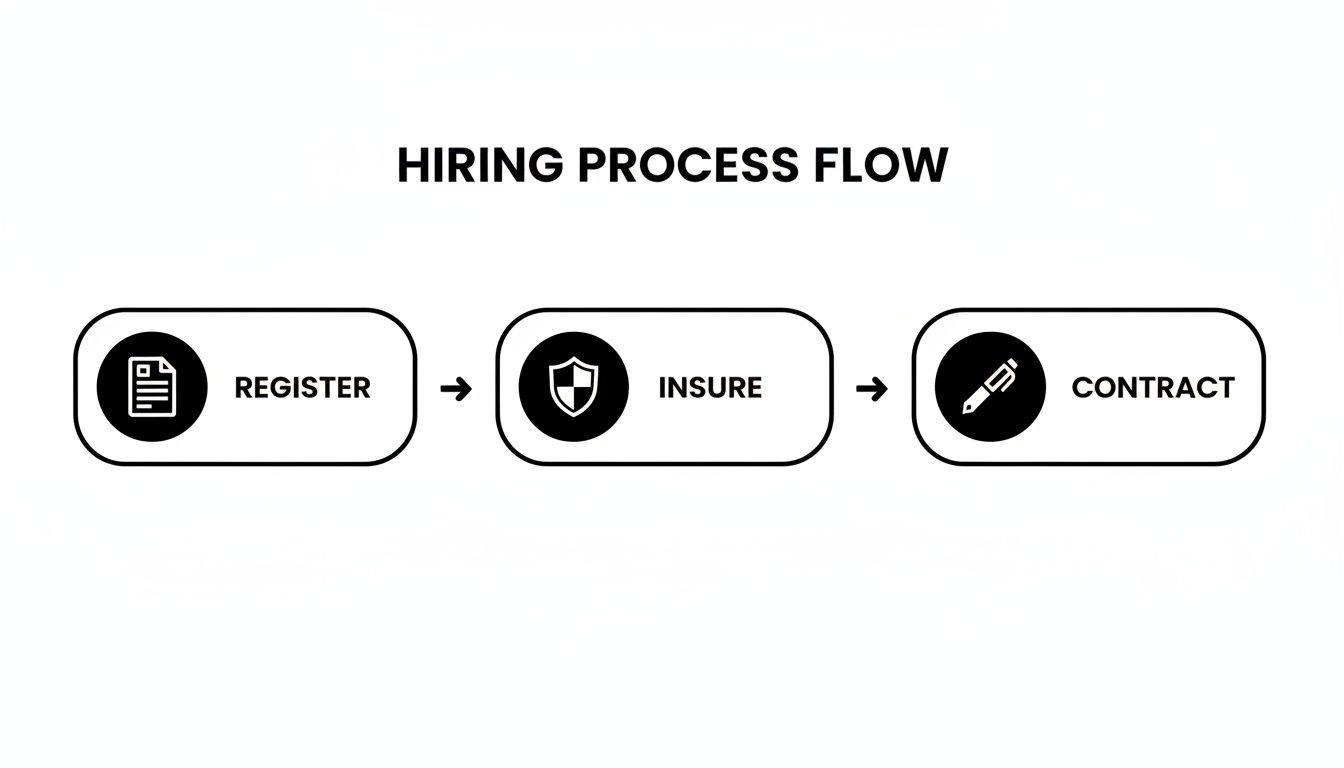 A clear diagram illustrating a hiring process flow with steps: register, insure, and contract.