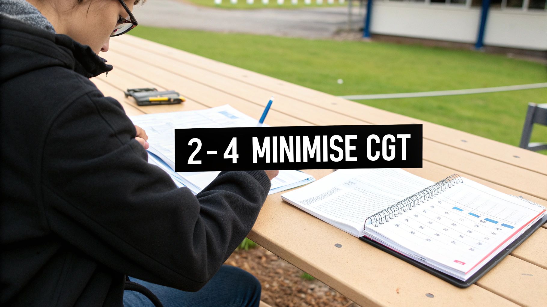 A person reviews documents at an outdoor table, a notebook open, with text 'MINIMISE CGT'.