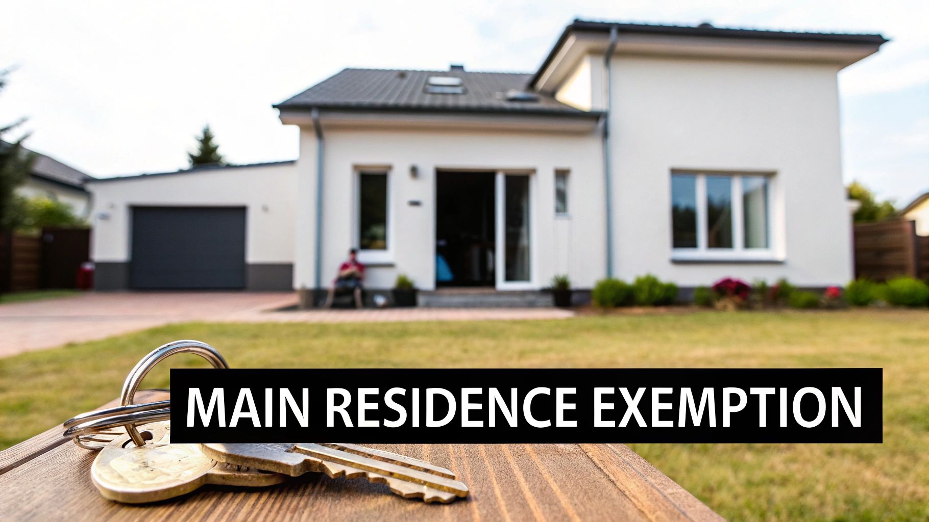House keys on a wooden table in front of a modern white house, illustrating 'Main Residence Exemption'.