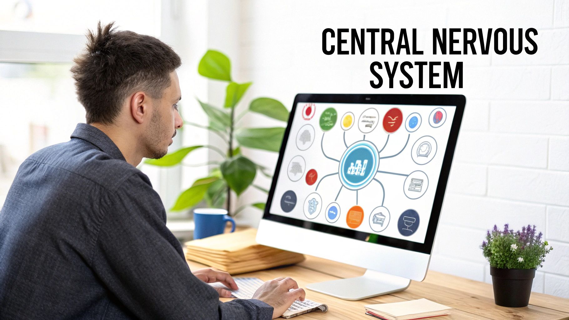 Man views a computer screen with a 'Central Nervous System' diagram, possibly an ERP system.