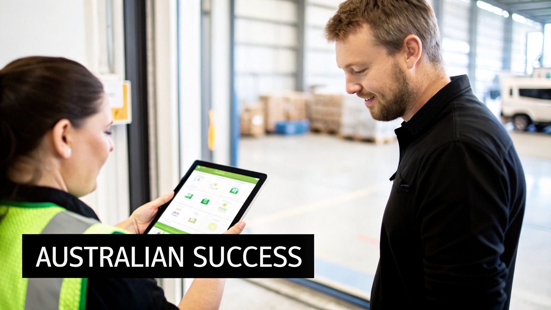 Two professionals in a warehouse smiling while reviewing a custom application on a tablet.