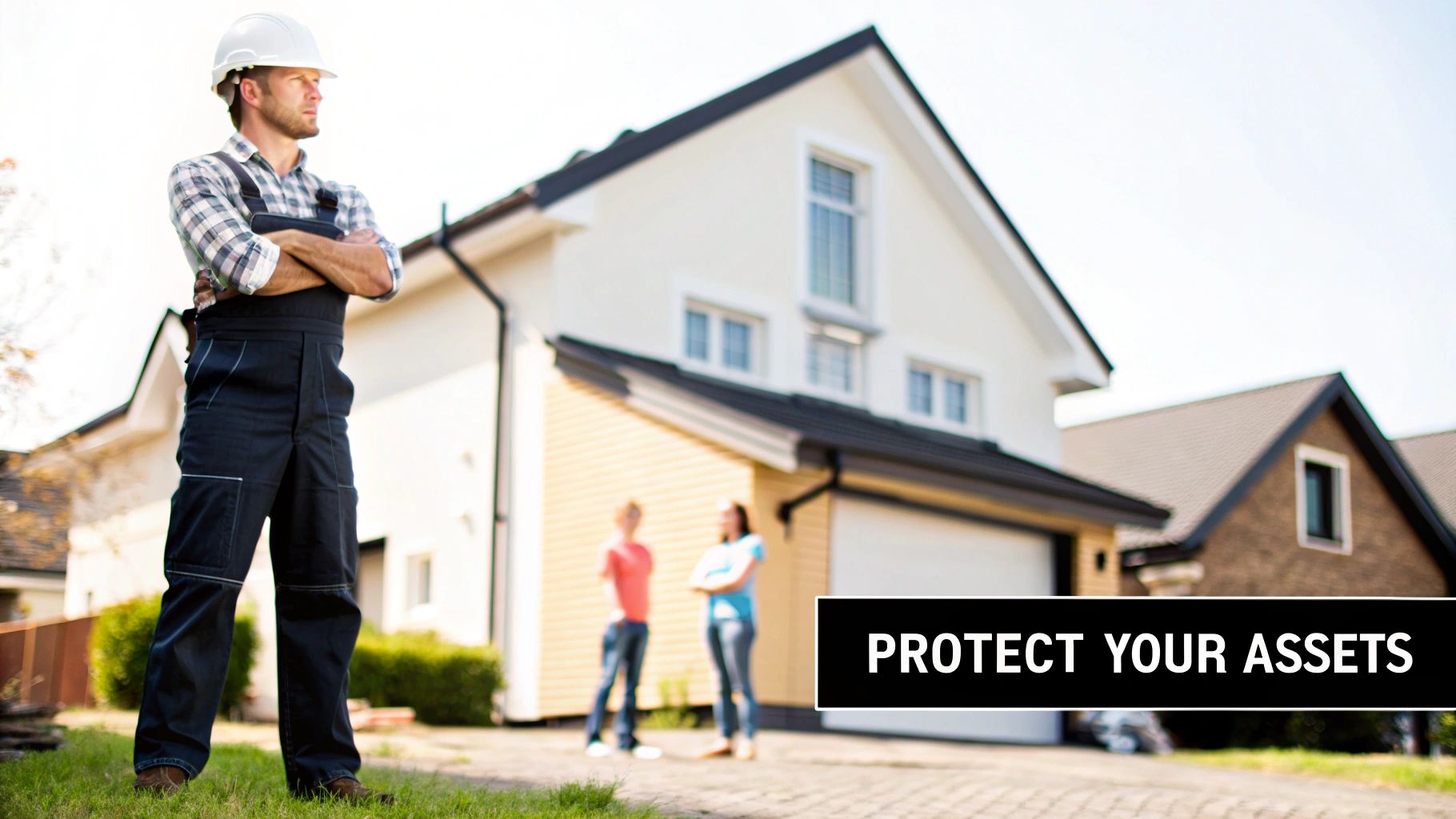 A construction worker in a hard hat standing in front of modern houses with text “PROTECT YOUR ASSETS”.