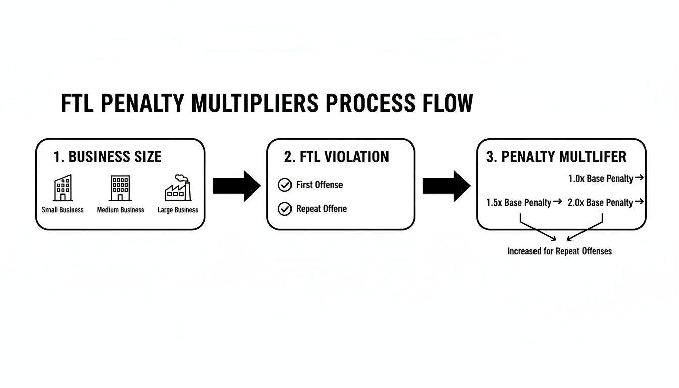 Flowchart illustrating FTL penalty multipliers based on business size and offense type.