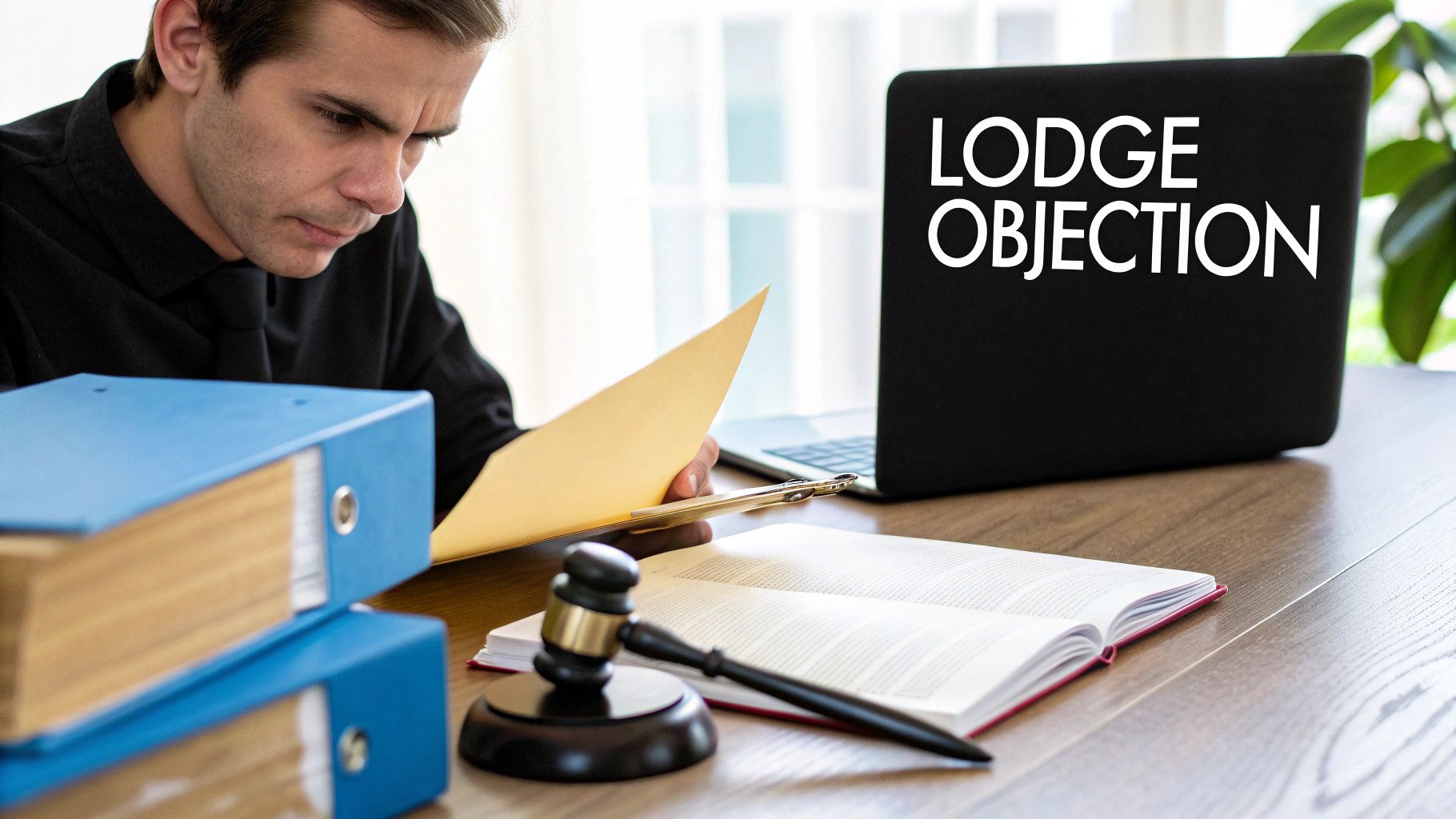Lawyer reviewing documents with gavel and laptop displaying lodge objection text on desk