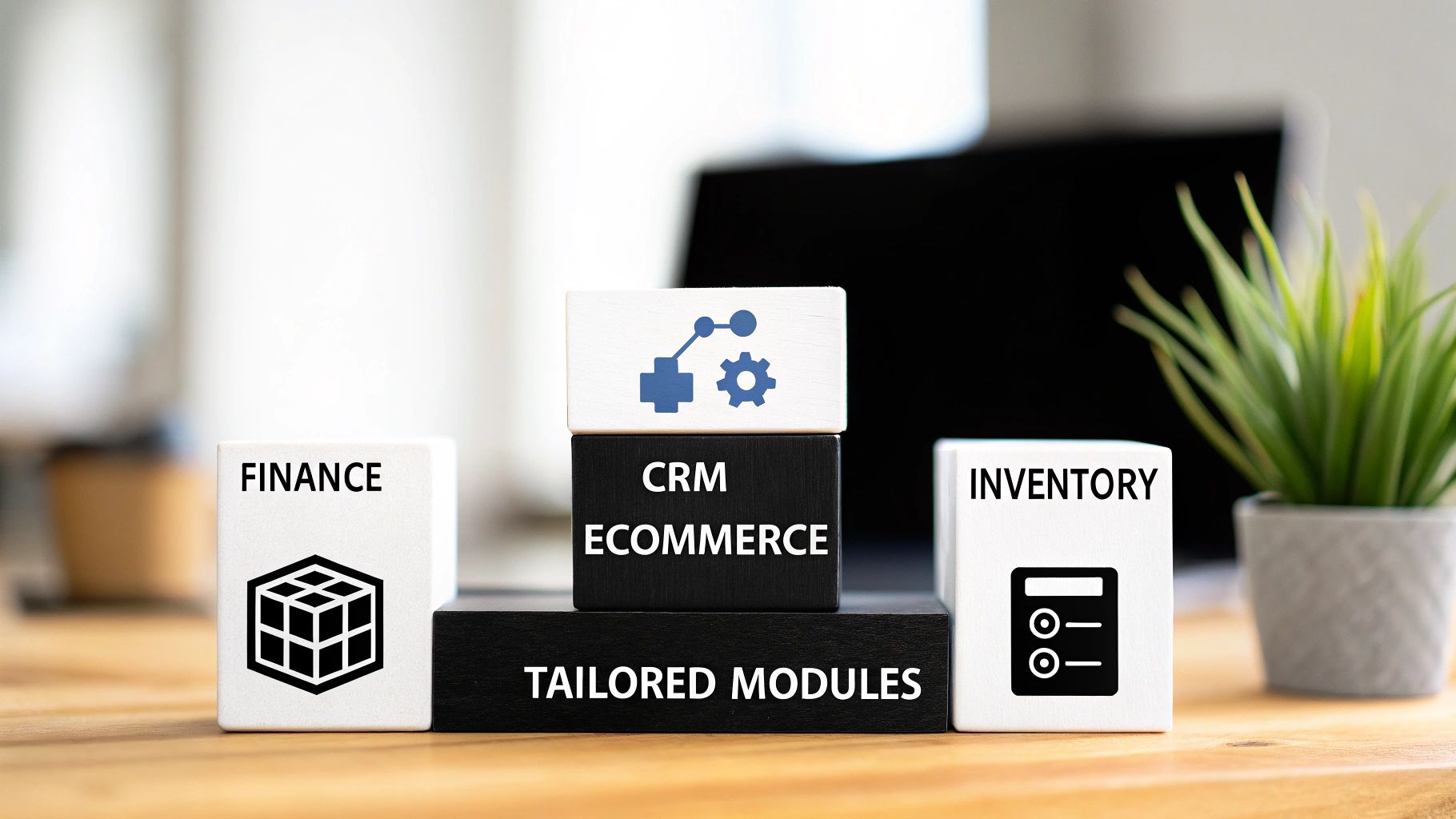 White and black blocks representing finance, CRM, e-commerce, and inventory business modules on a table.