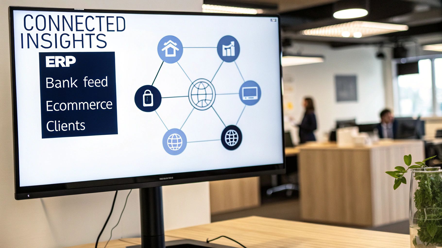 A monitor shows "CONNECTED INSIGHTS" with ERP, bank feed, e-commerce, and clients, alongside a network diagram in an office.
