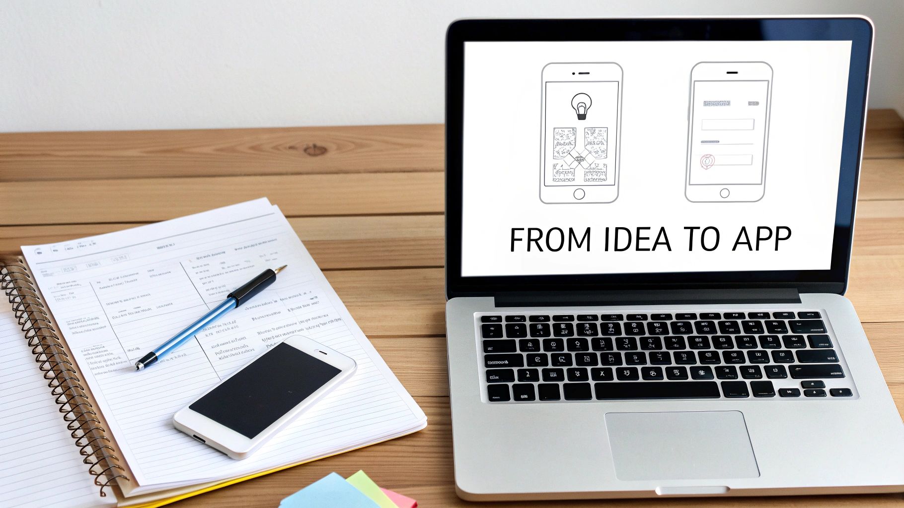 Laptop displaying from idea to app concept with planning documents and smartphone on desk