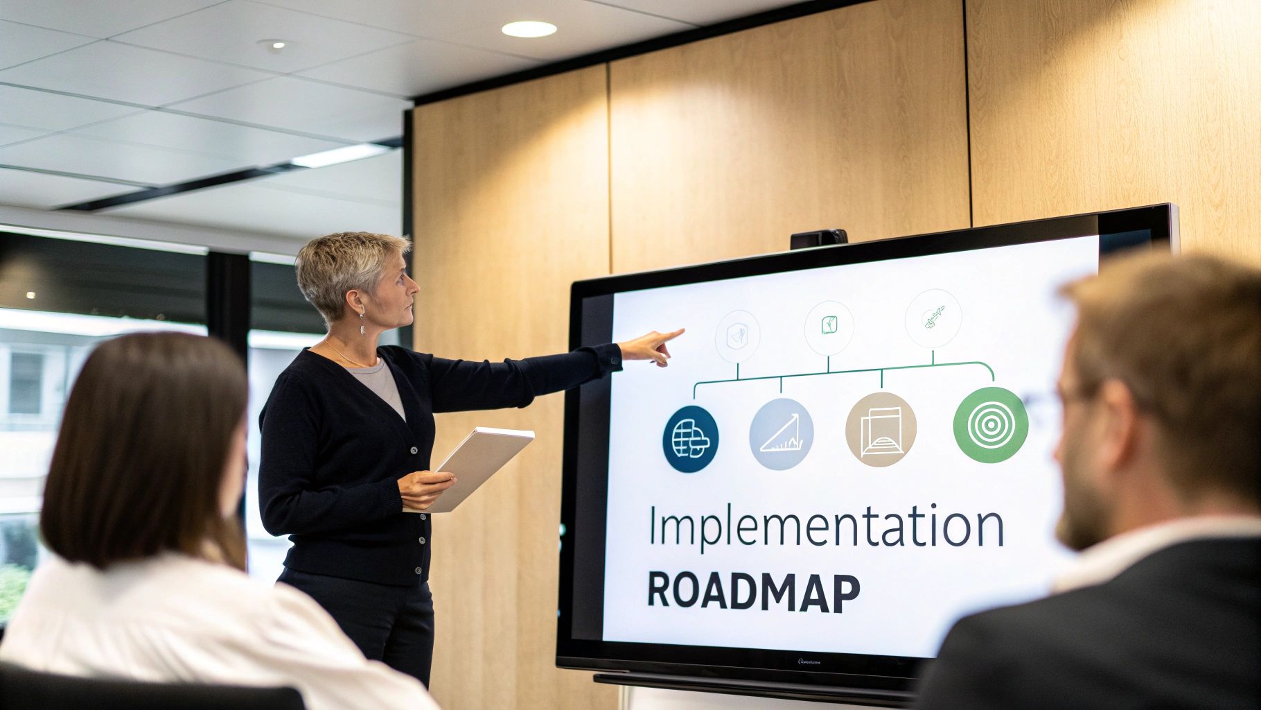 A business woman presenting an 'Implementation ROADMAP' on a large screen to colleagues.