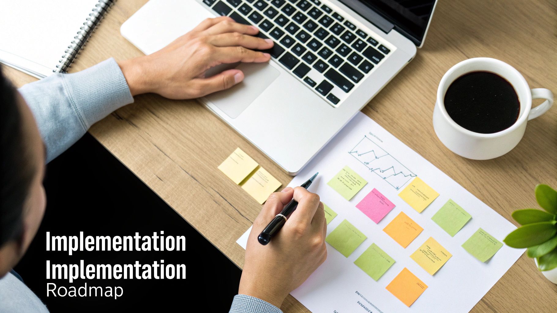A person plans an implementation roadmap at a desk with a laptop, coffee, and colorful sticky notes.