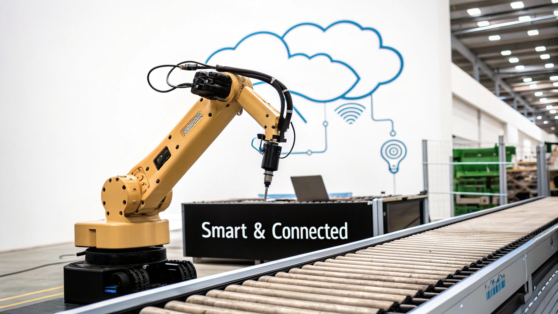 A futuristic factory floor with interconnected robots and digital overlays showing data points