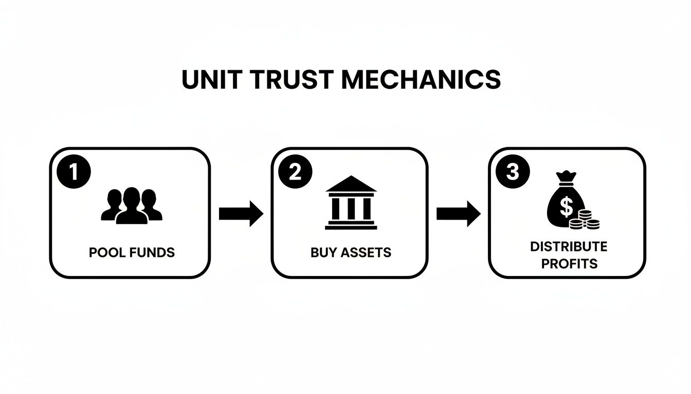 Diagram illustrating the three steps of unit trust mechanics: pool funds, buy assets, and distribute profits.