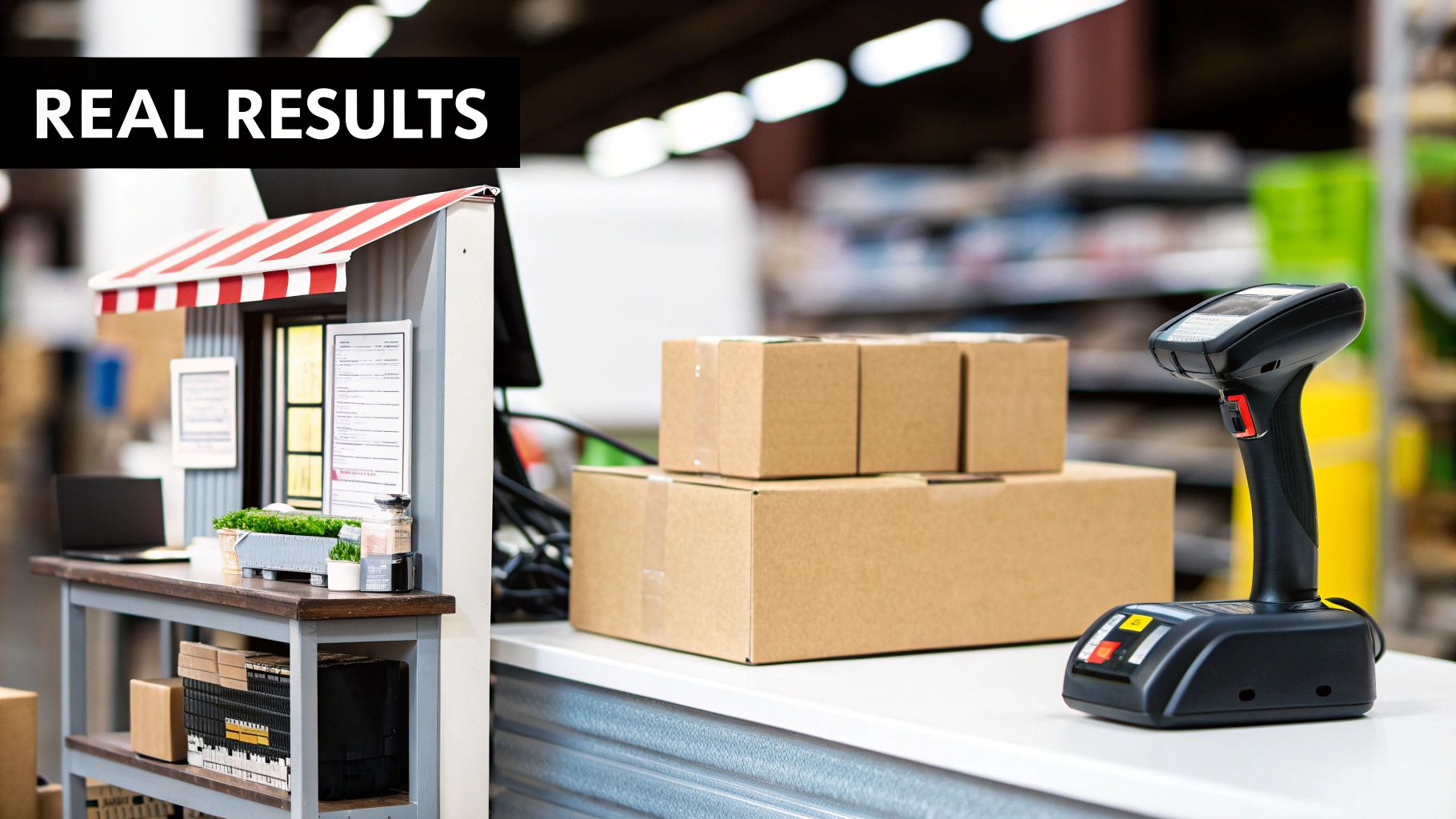 Miniature store setup with shipping boxes and a barcode scanner, representing real results.