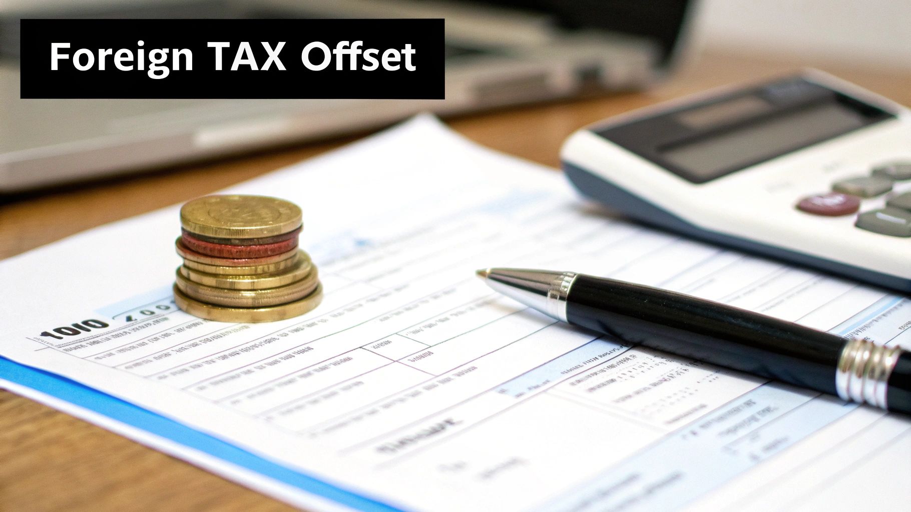 Desk with a tax form, coins, pen, and calculator, illustrating foreign tax offset.