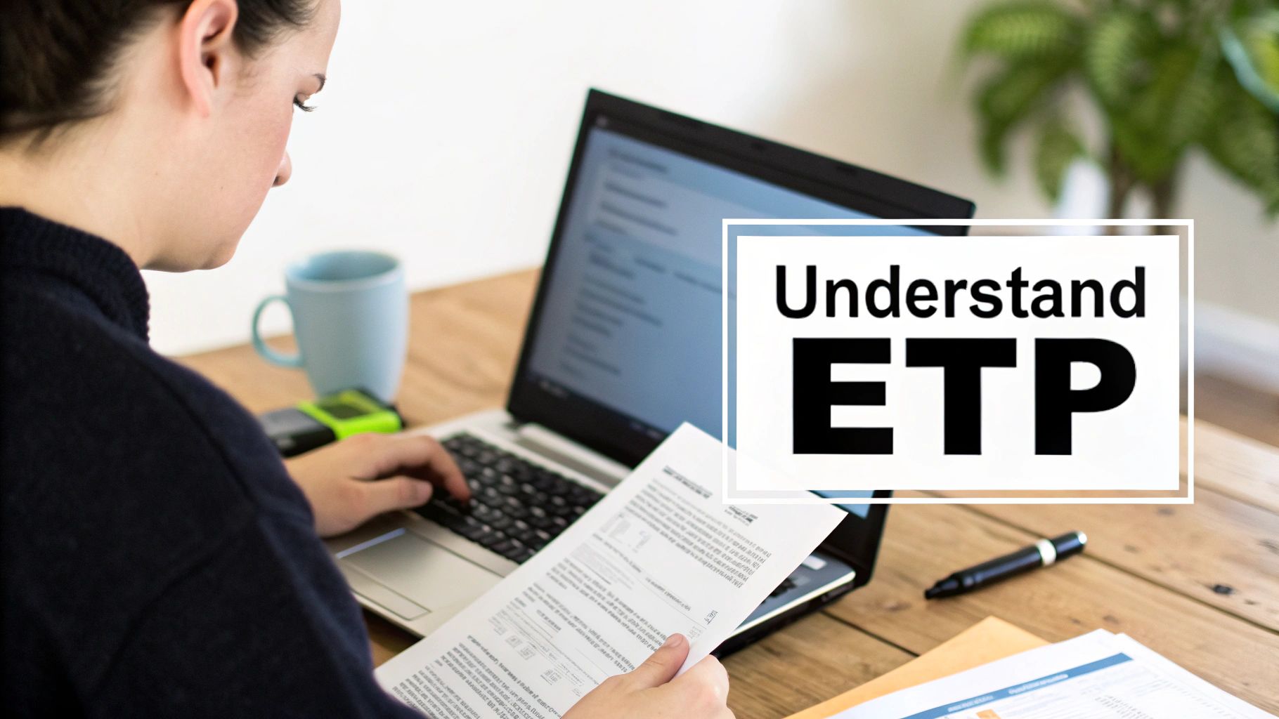 A person reviewing financial documents and tax forms on a desk with a calculator and laptop.