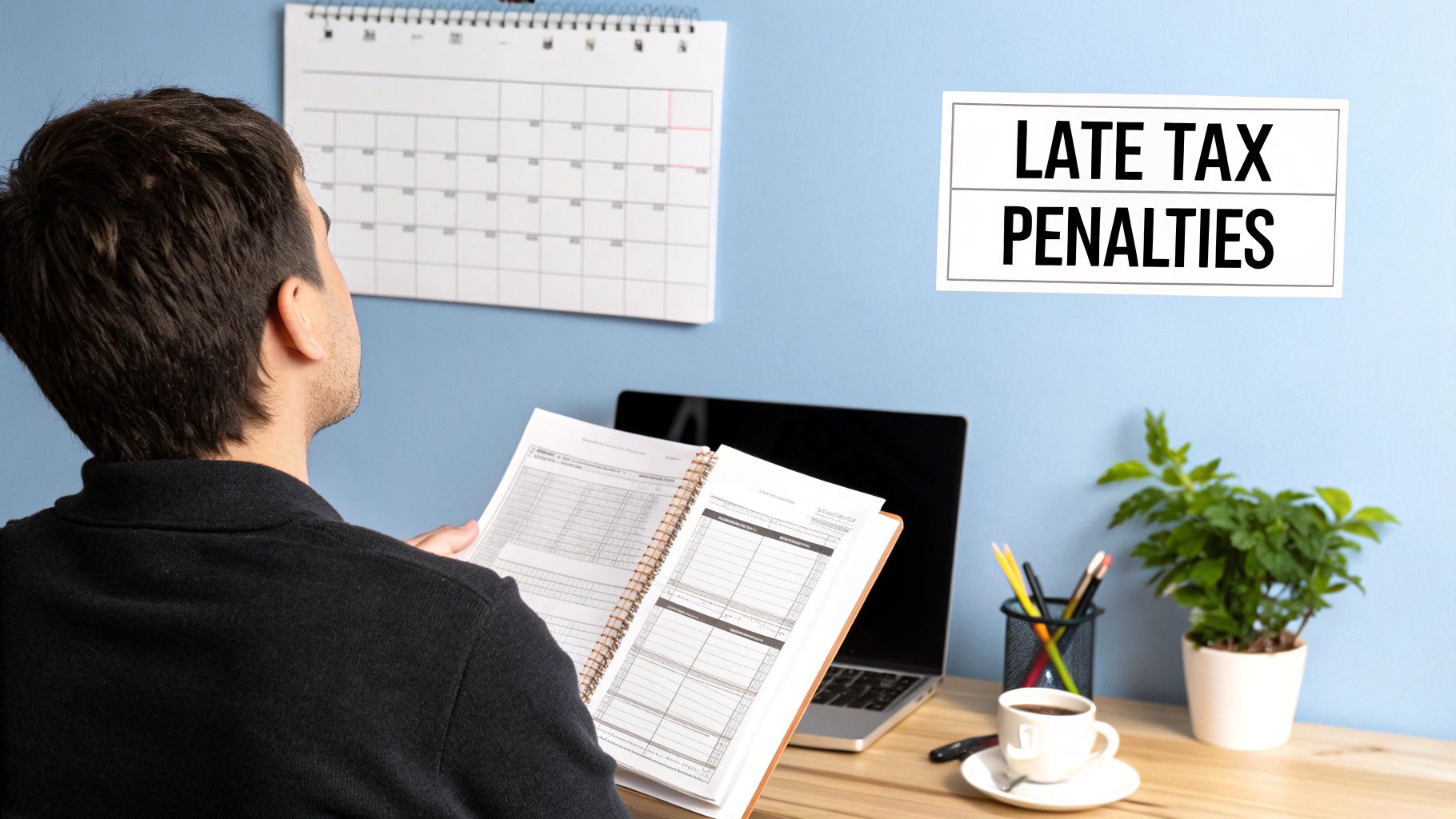 A person reviews a calendar and documents at a desk, facing a prominent sign reading 'LATE TAX PENALTIES'.