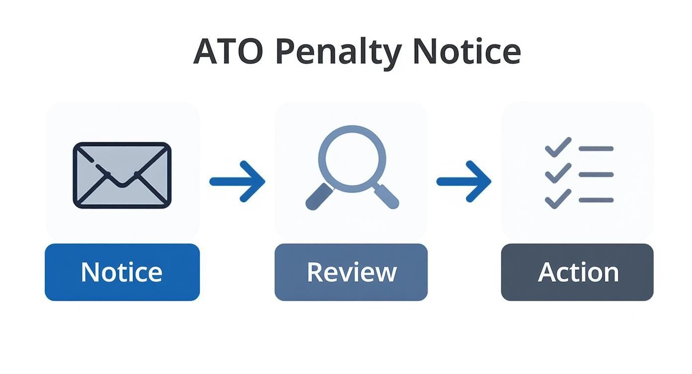 ATO penalty notice workflow diagram showing three steps: notice received, review process, and action required