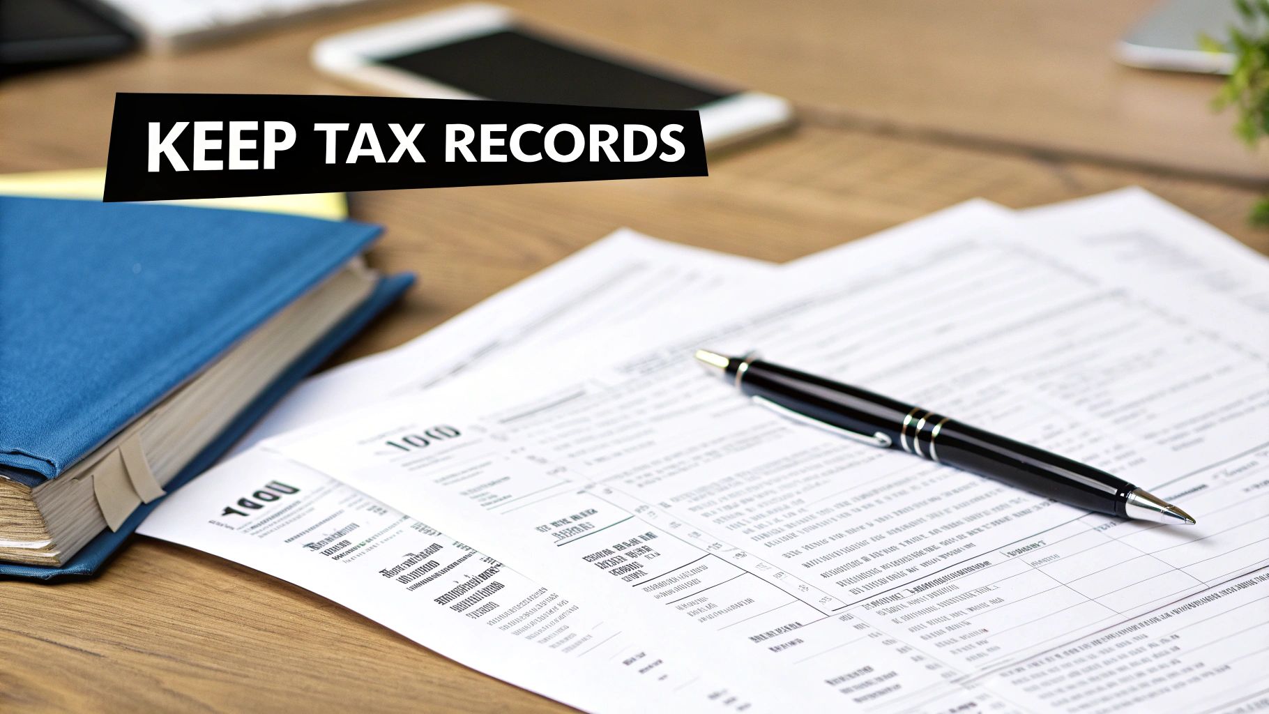 A 'KEEP TAX RECORDS' banner above a desk with tax forms, a pen, and a blue binder.