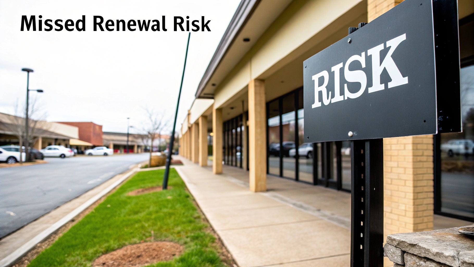 A black sign prominently displaying 'RISK' in white letters, situated near commercial buildings, illustrating missed renewal risk.