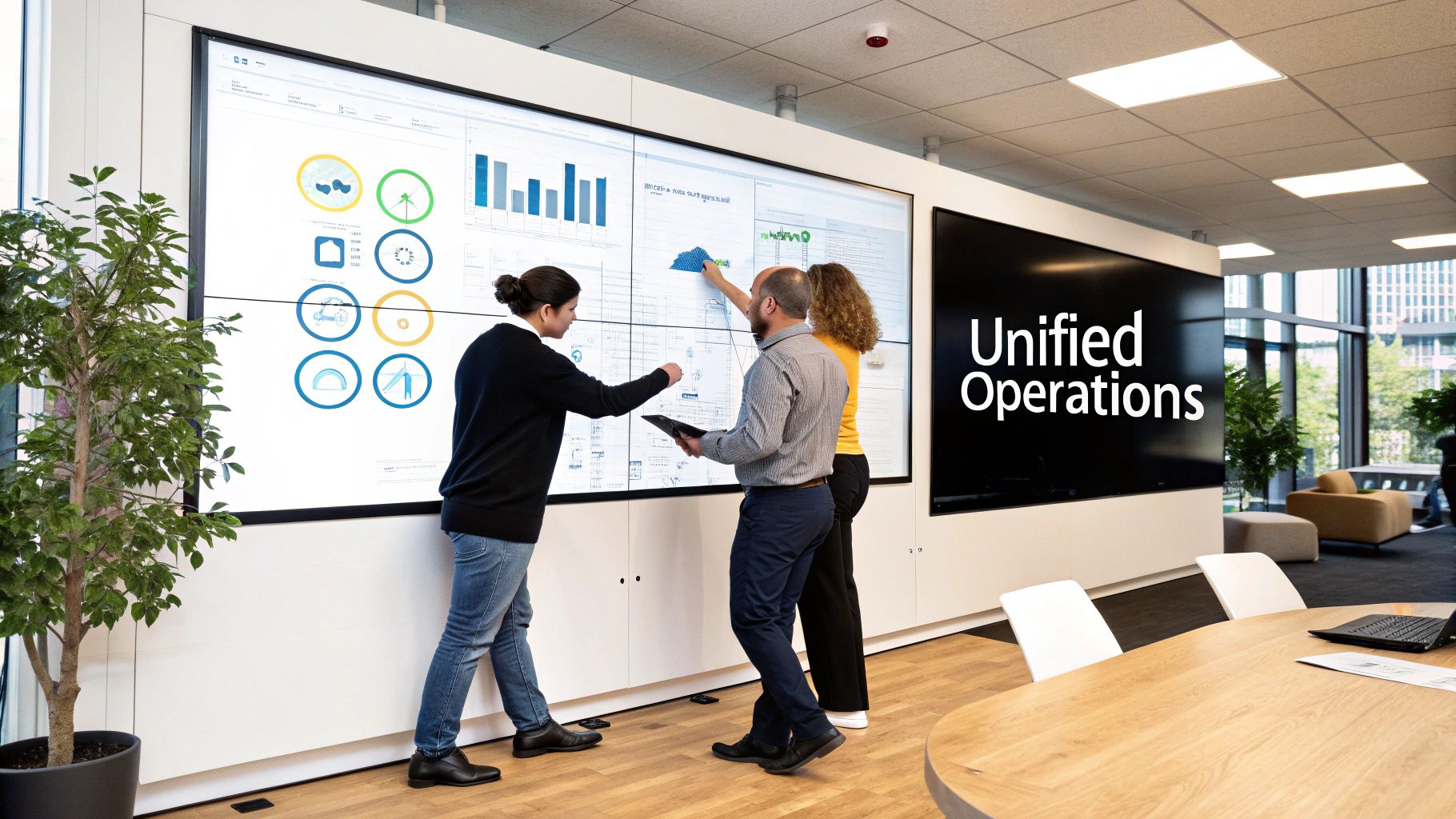 Three business professionals collaborate on a large digital screen displaying data and 'Unified Operations'.