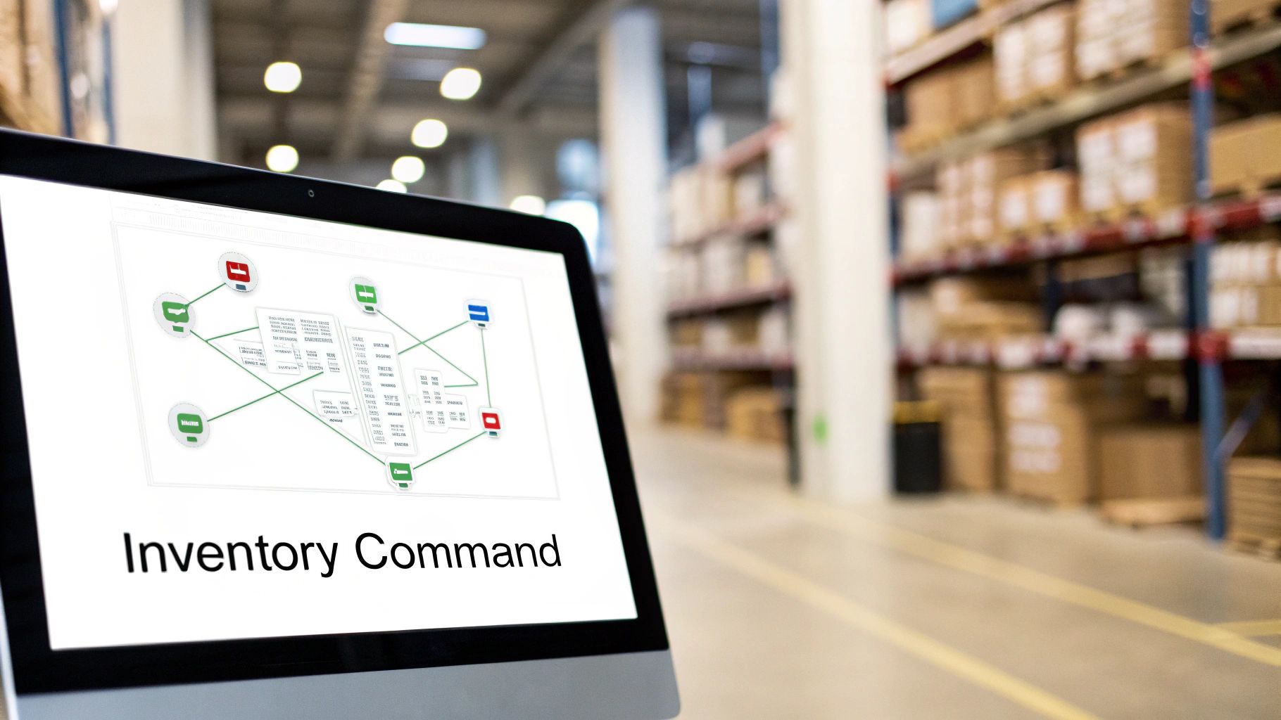 A modern warehouse interior with clear labeling and organised stock, representing the control Odoo Inventory provides.