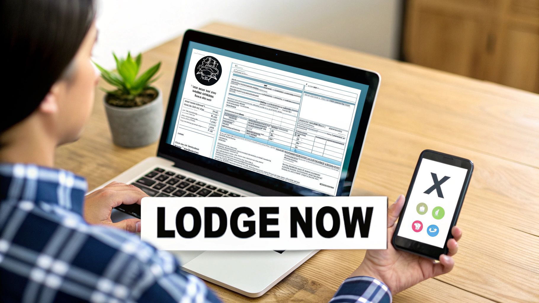 A person looks at a laptop screen displaying a form, holding a smartphone and a 'LODGE NOW' sign.