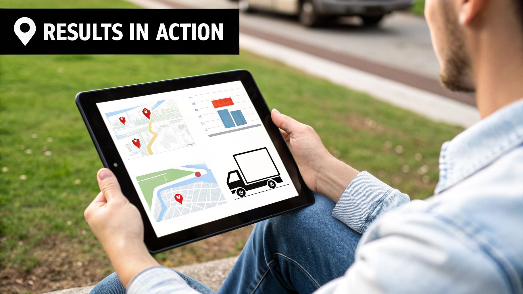 A person holds a tablet displaying logistics maps, data charts, and a delivery truck icon, demonstrating results in action.
