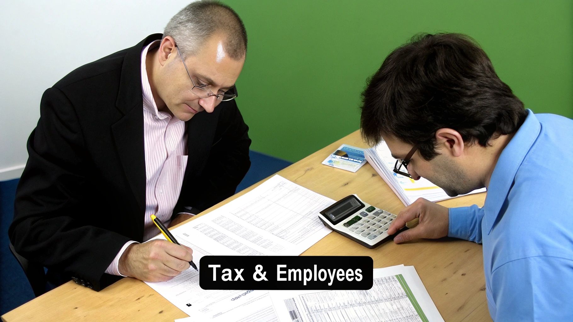 Two men reviewing tax and employee documents at a desk with a calculator and pen.