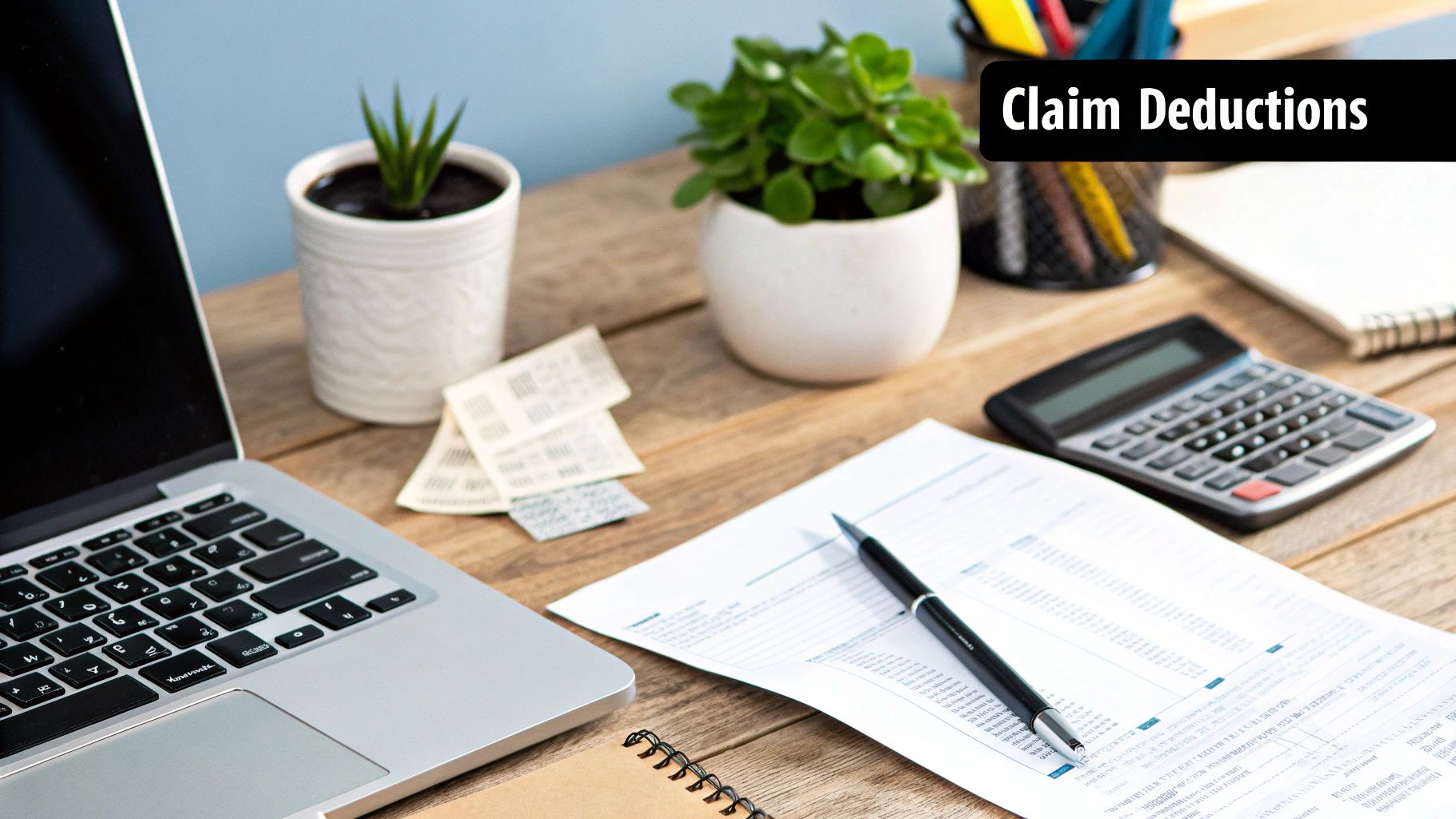 Woman calculating deductions with receipts and a laptop
