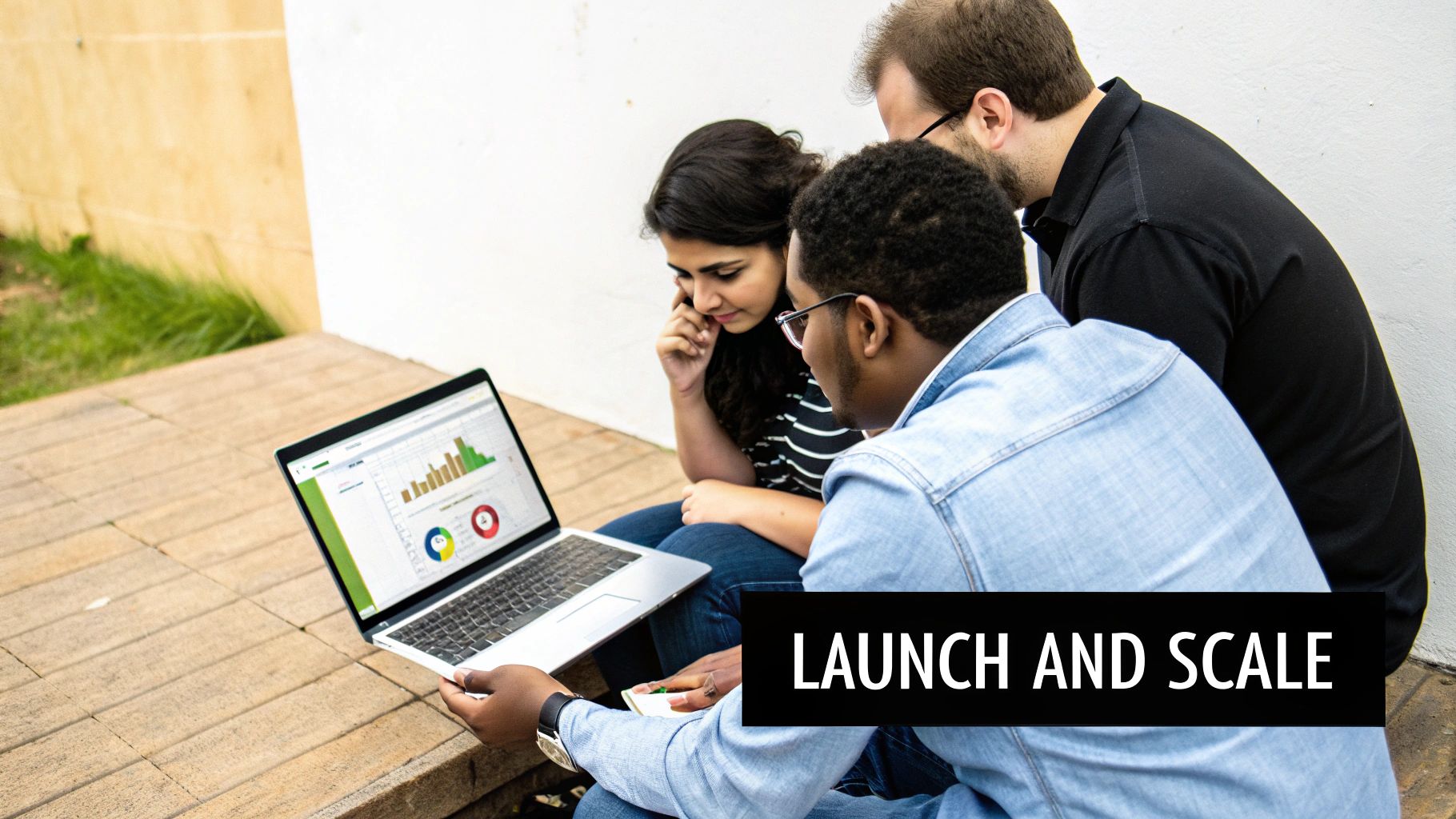Three diverse people collaborate, looking at business charts and data on a laptop outdoors.